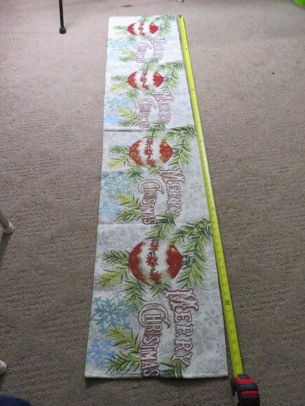 Merry Christmas Tapestry Table Runner - Red Poinsettia Ornaments Shimmer 67x13 - Picture 5 of 7